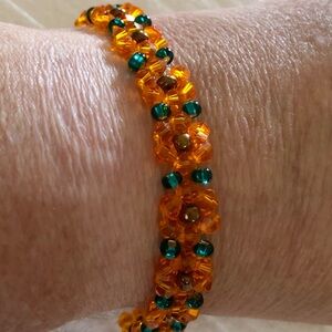 Elegant Fall Orange, Copper and Green Glass Sunflowers/Pumpkins Beaded Bracelet